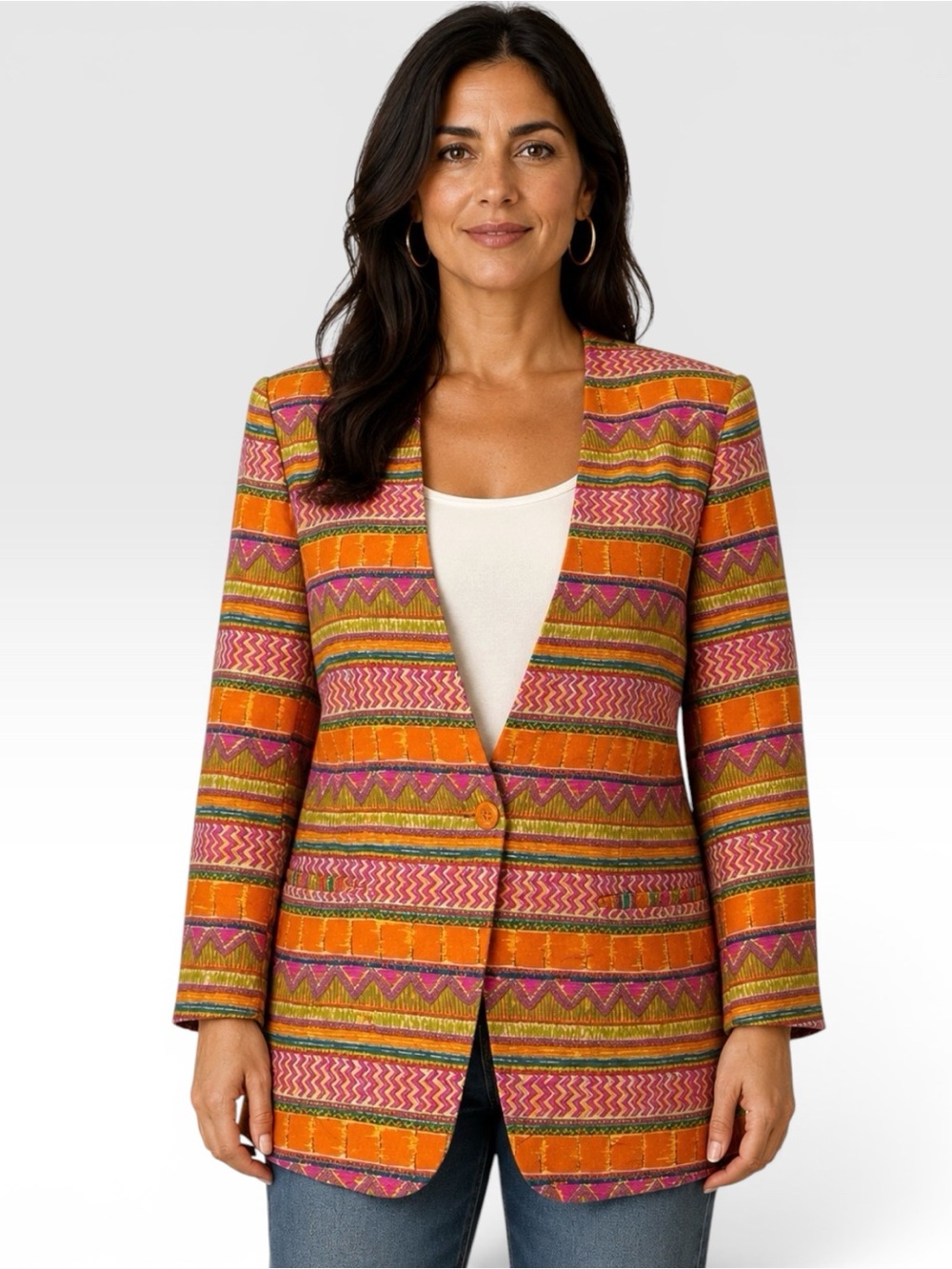 August Silk 100% Silk Multicolor Geometric Tribal Print Blazer Jacket Women’s 14